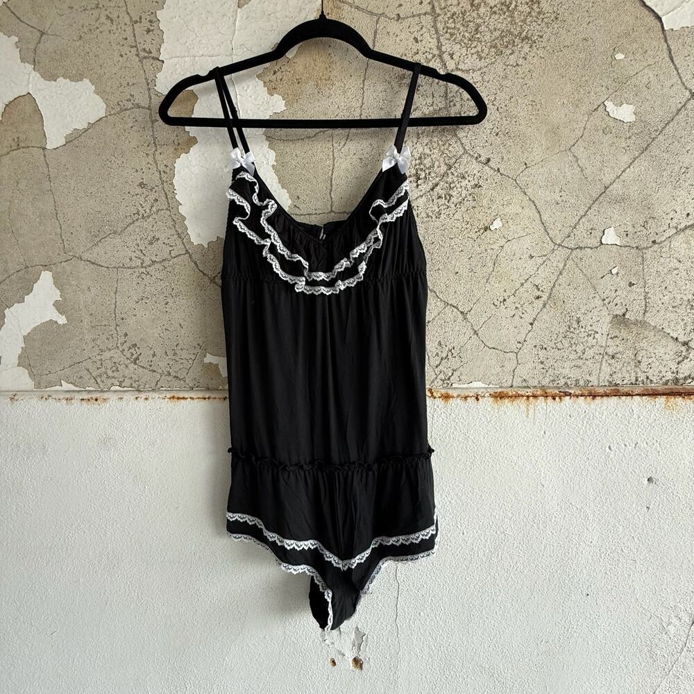 Victorias Secret Teddy Black Lace Ruffle Romper Bow Lingerie Sexy Little Thing L